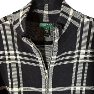 Lauren Ralph Lauren  Black & White Plaid Zip up Cotton knit Blazer Jacket Sz L